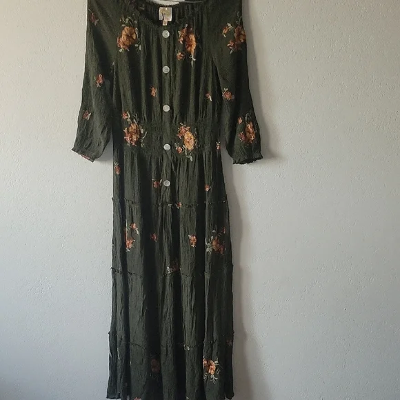 Fig and Flower Dark Green Floral Maxi Tiered Dress XL